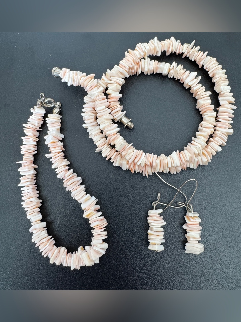 Vintage Freshwater Pink Shell‎ Chip Necklace, Bracelet & Earrings Set